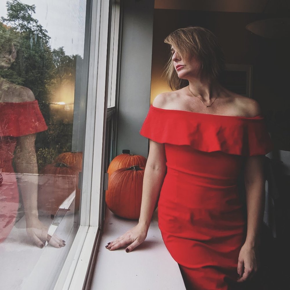 Red Babaton Off-the-Shoulder Dress